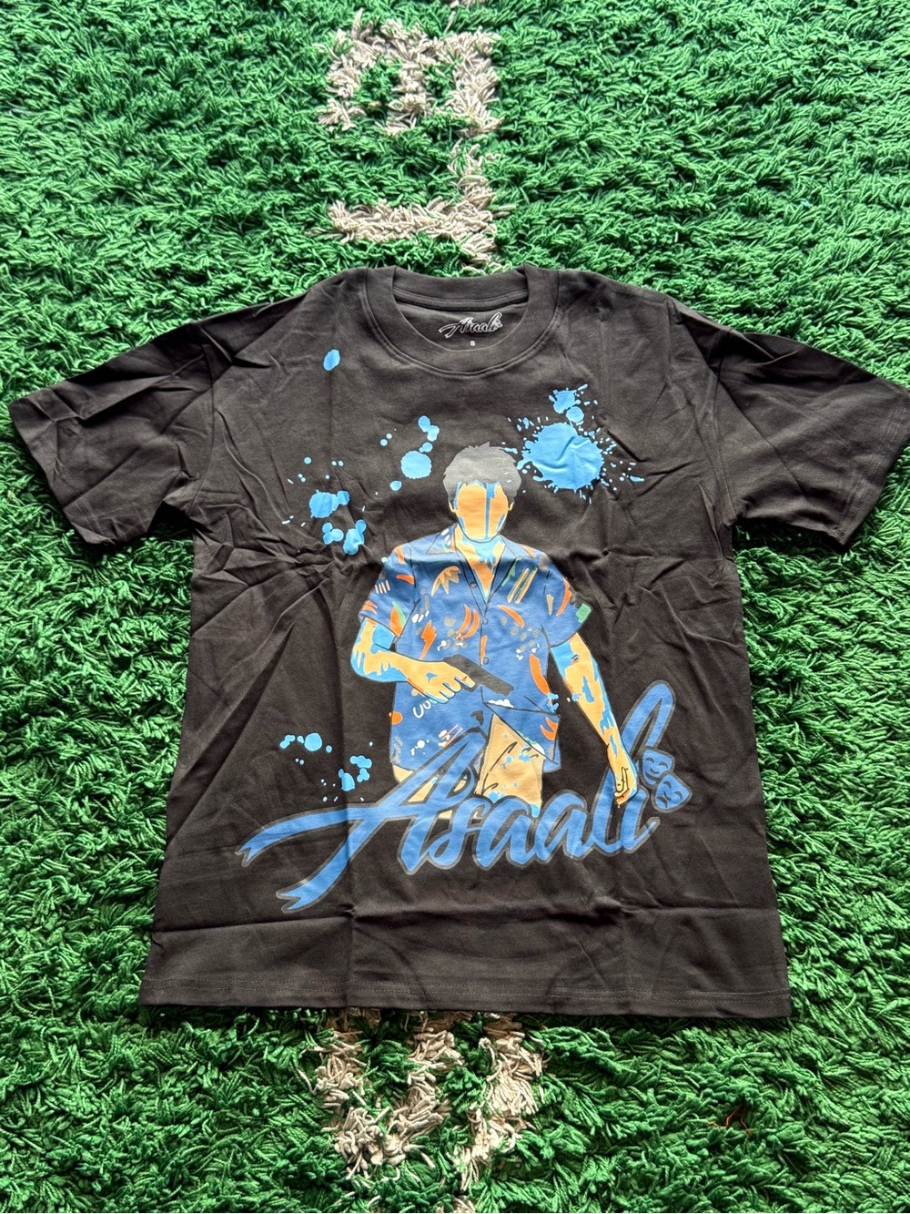 Asaadi Men's Black Short-Sleeve Graphic Tee with Blue Print
